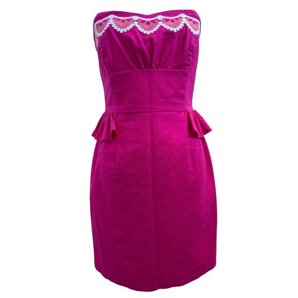 LILLY PULITZER Maybell Structured Peplum Ruffle Strapless Dress Azalea Pink-Sz 4 - Picture 2 of 8